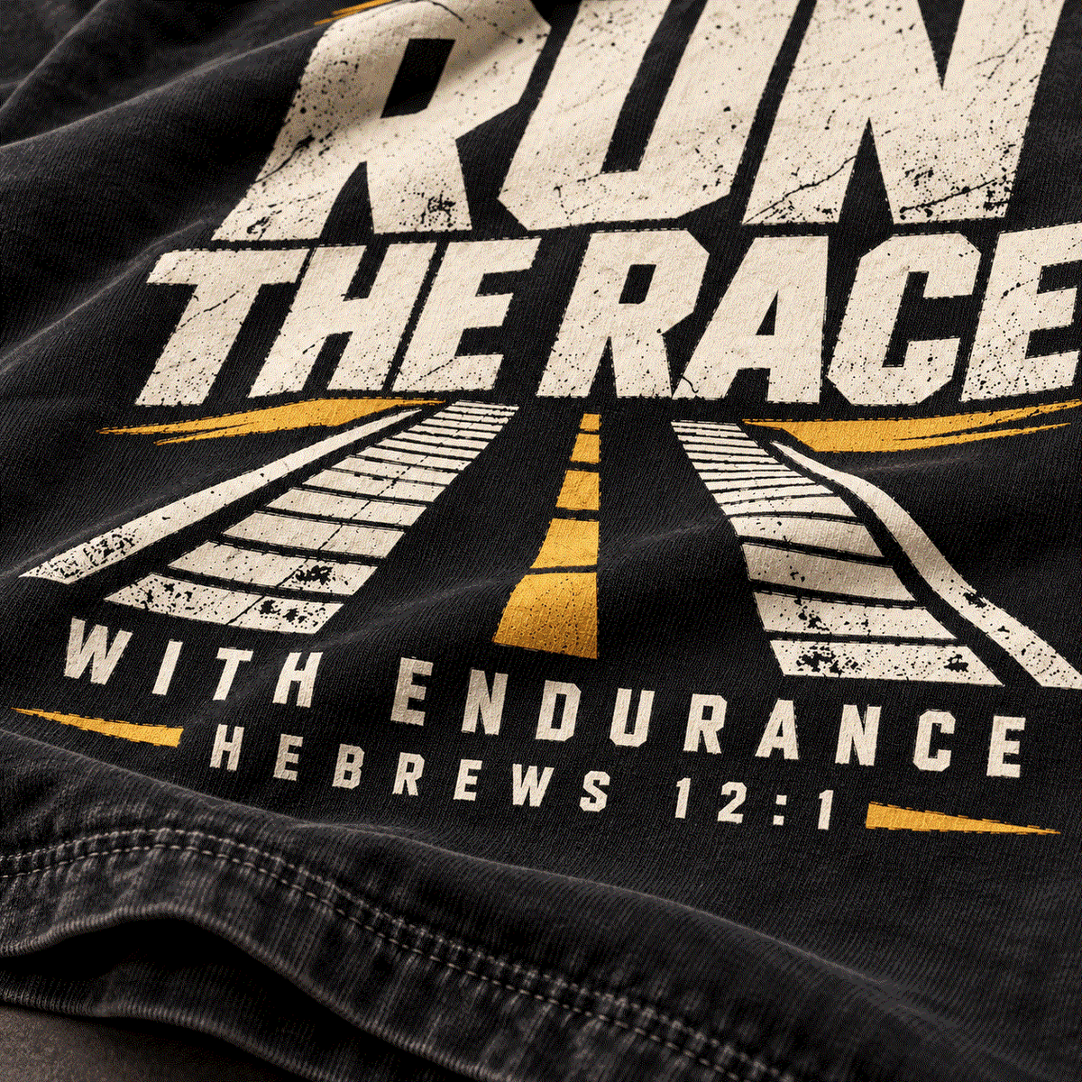Close-up of Run the Race With Endurance graphic and gold lane stripe