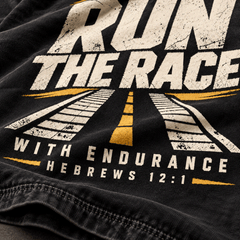 Close-up of Run the Race With Endurance graphic and gold lane stripe