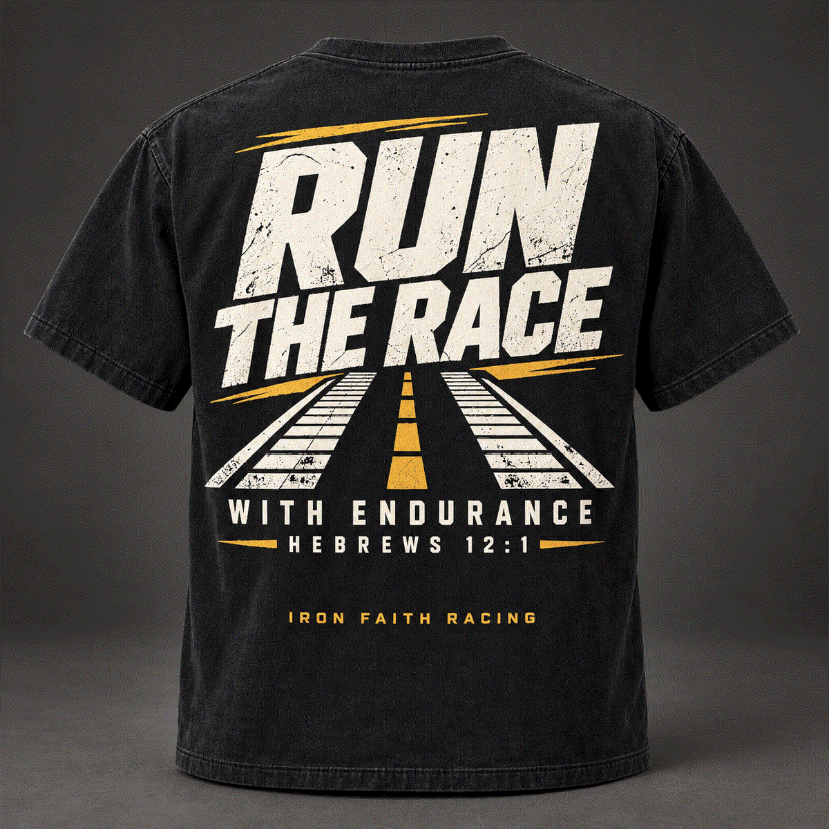 Run the Race Tee back, washed black with drag strip lanes and Hebrews 12:1 With Endurance print