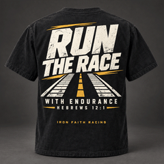 Run the Race Tee back, washed black with drag strip lanes and Hebrews 12:1 With Endurance print
