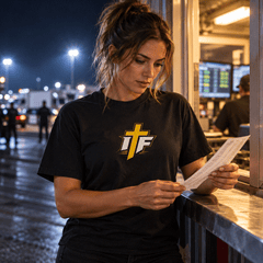 Woman in IFR Icon Tee reading a time slip at the track at night