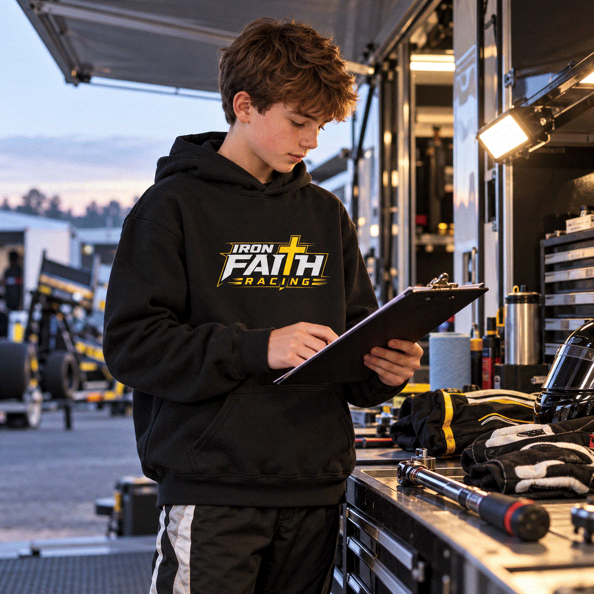 Teen in youth logo hoodie holding a clipboard in the race trailer