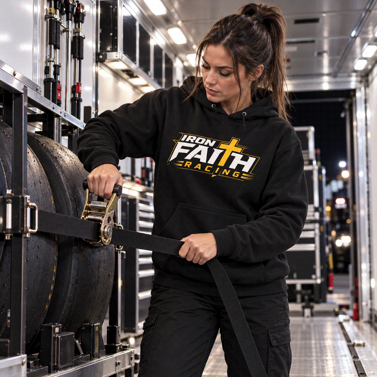 Woman in logo hoodie tightening straps on spare drag slicks in the trailer