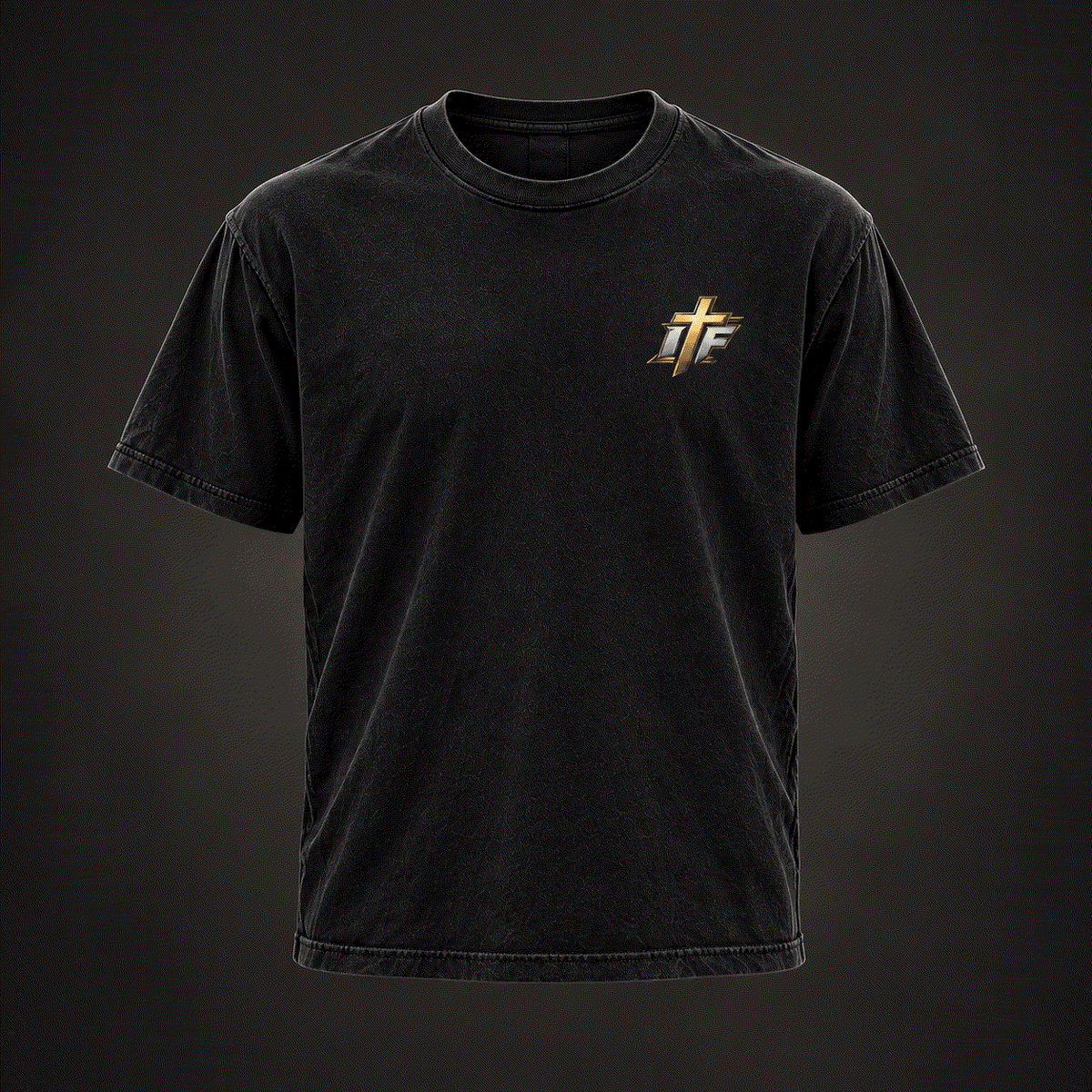 Front of Everything Before Green Matters Tee, washed black with small gold IFR cross logo on chest