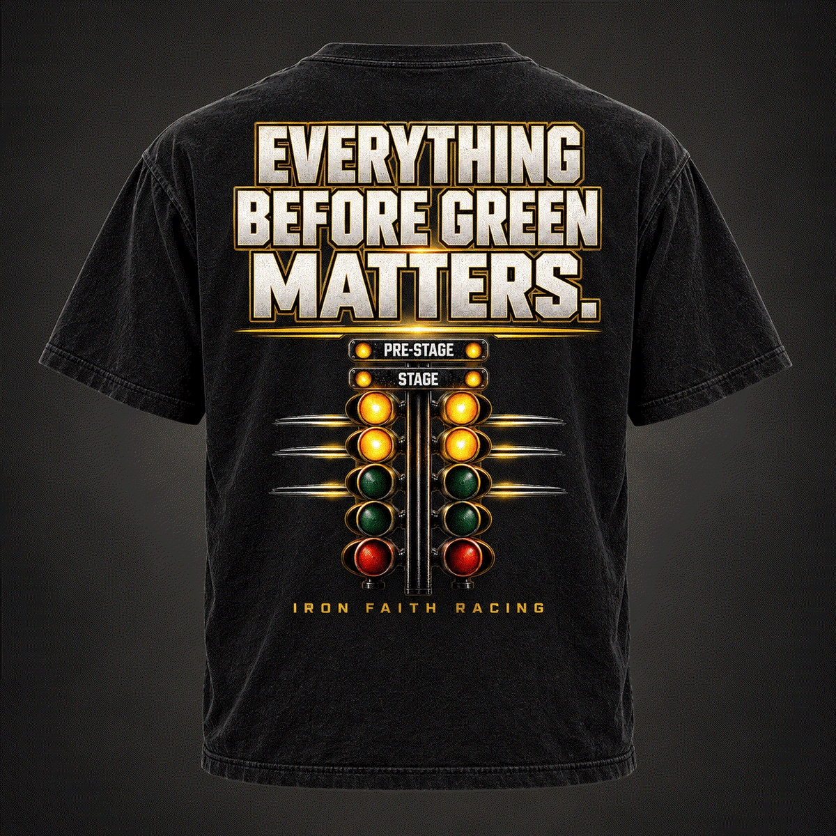 Everything Before Green Matters Tee back, washed black with drag racing Christmas tree lights print