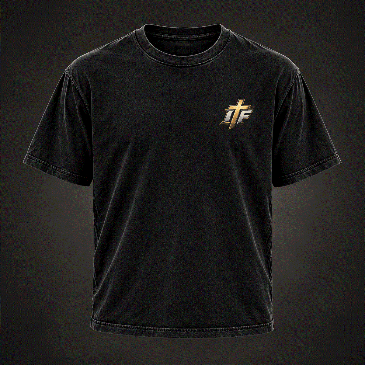 Front of Iron Sharpens Iron Tee, washed black with small gold IFR cross logo on chest