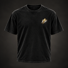 Front of Iron Sharpens Iron Tee, washed black with small gold IFR cross logo on chest