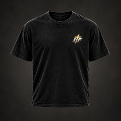 Front of Every Pass Has a Purpose Tee, washed black with small gold IFR cross logo on chest