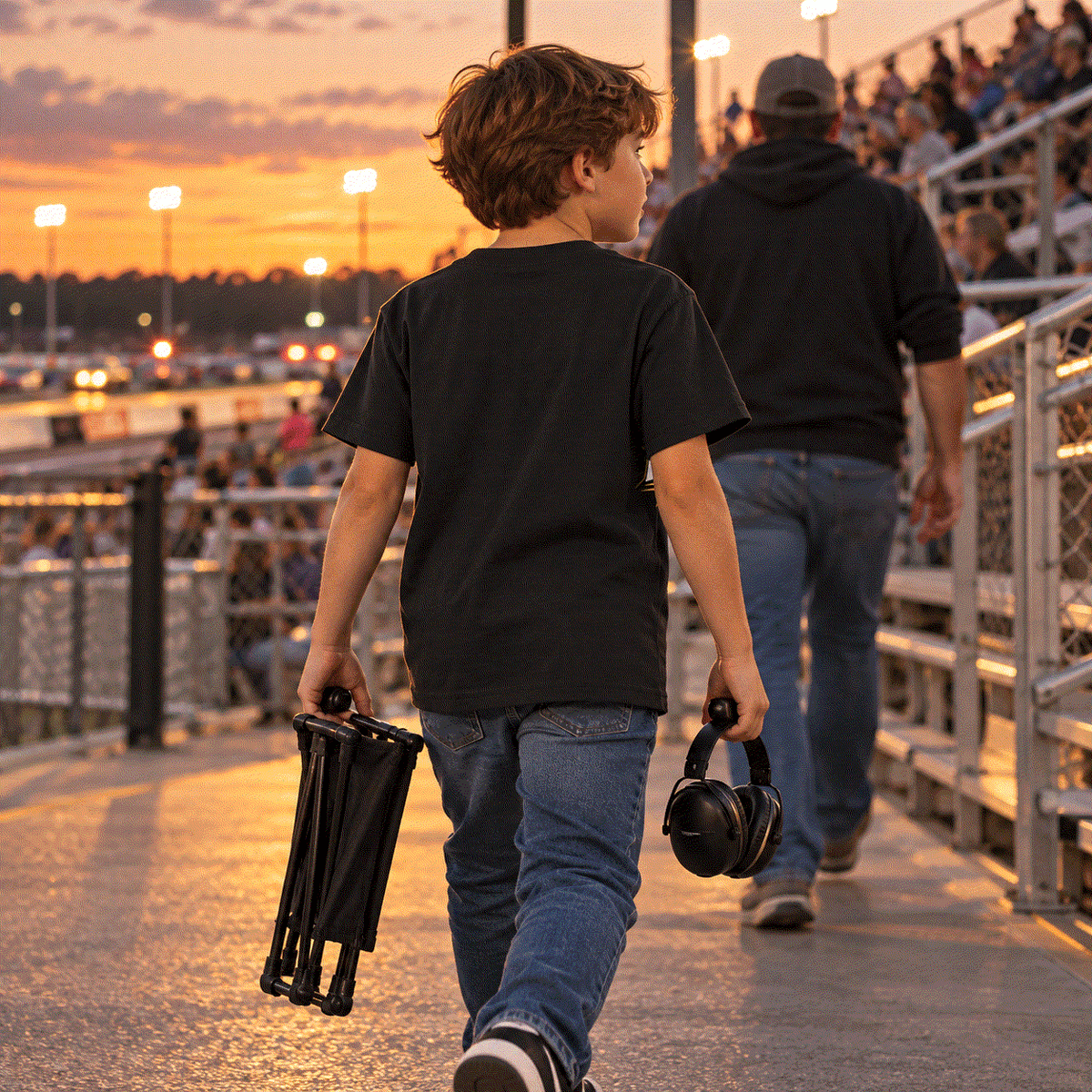 Young fan in youth icon tee walking toward the grandstands at sunset