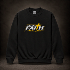 Youth black crewneck sweatshirt with Iron Faith Racing logo on front