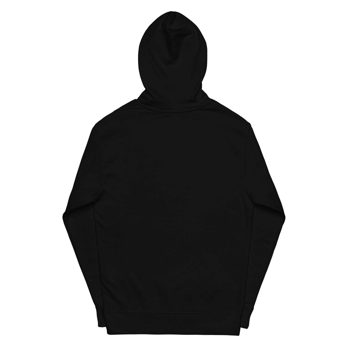 Back of black midweight hoodie on white background