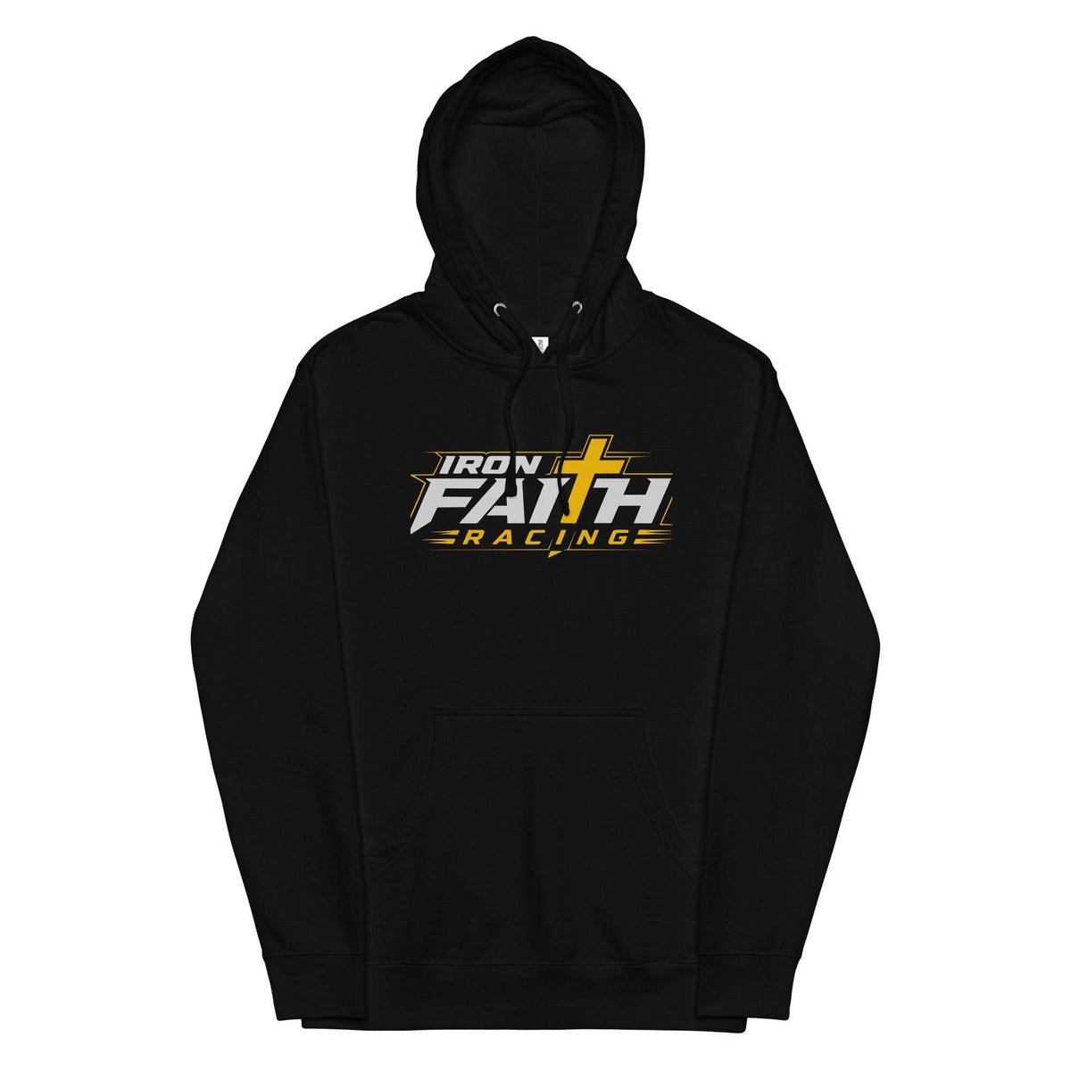 Front of black Iron Faith Racing logo hoodie on white background