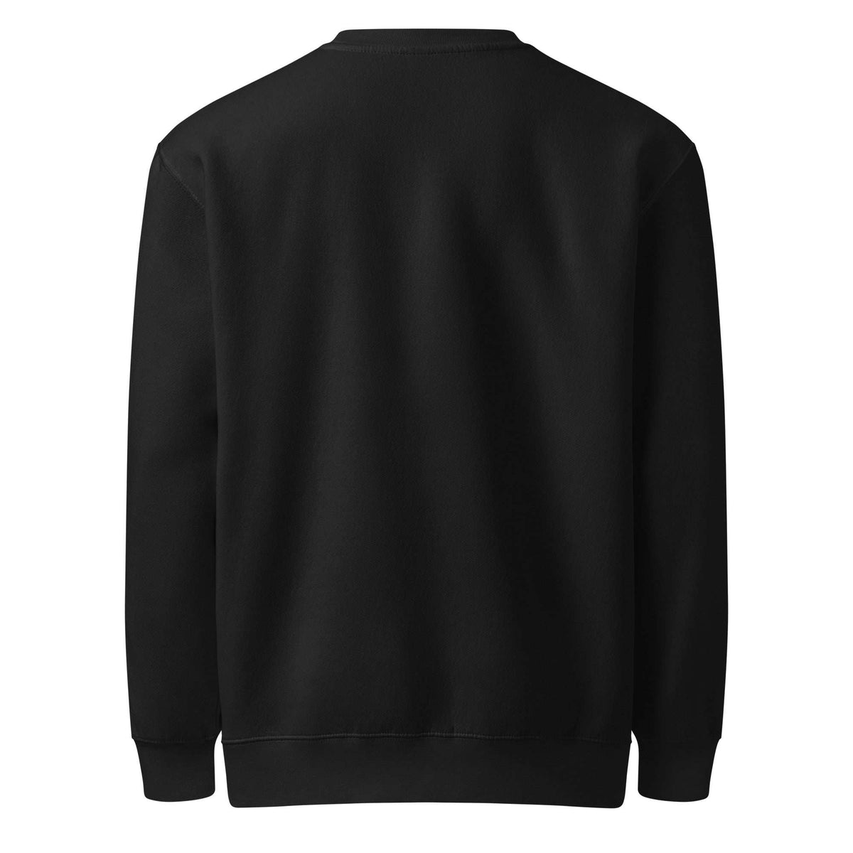 Back of black premium crewneck sweatshirt on white background