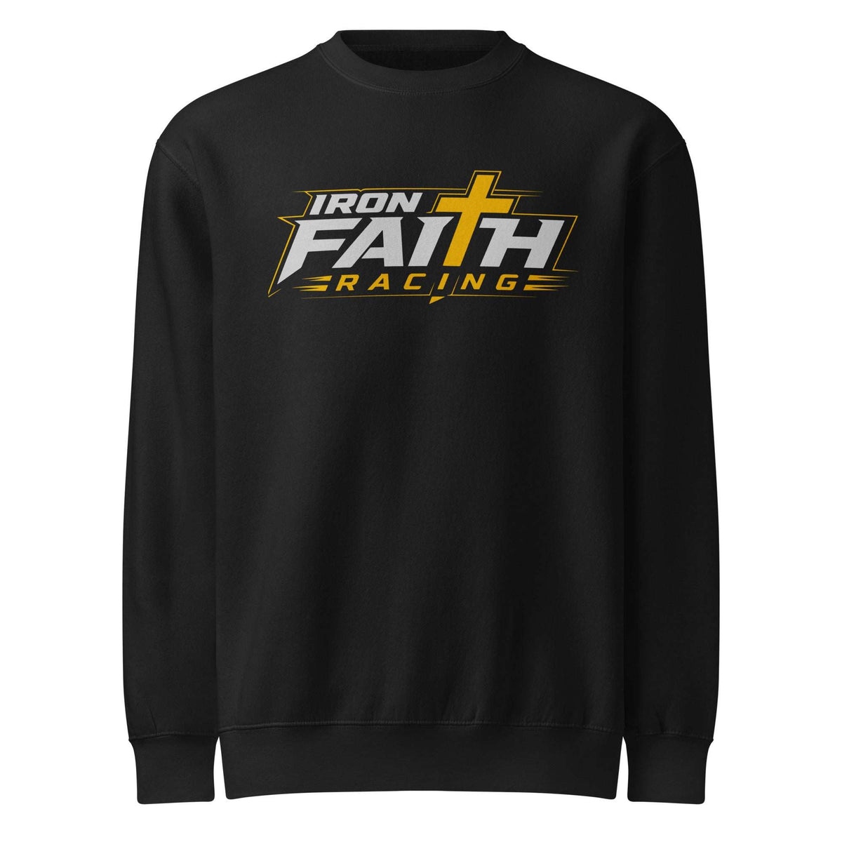 Front of black Iron Faith Racing logo crewneck sweatshirt on white background