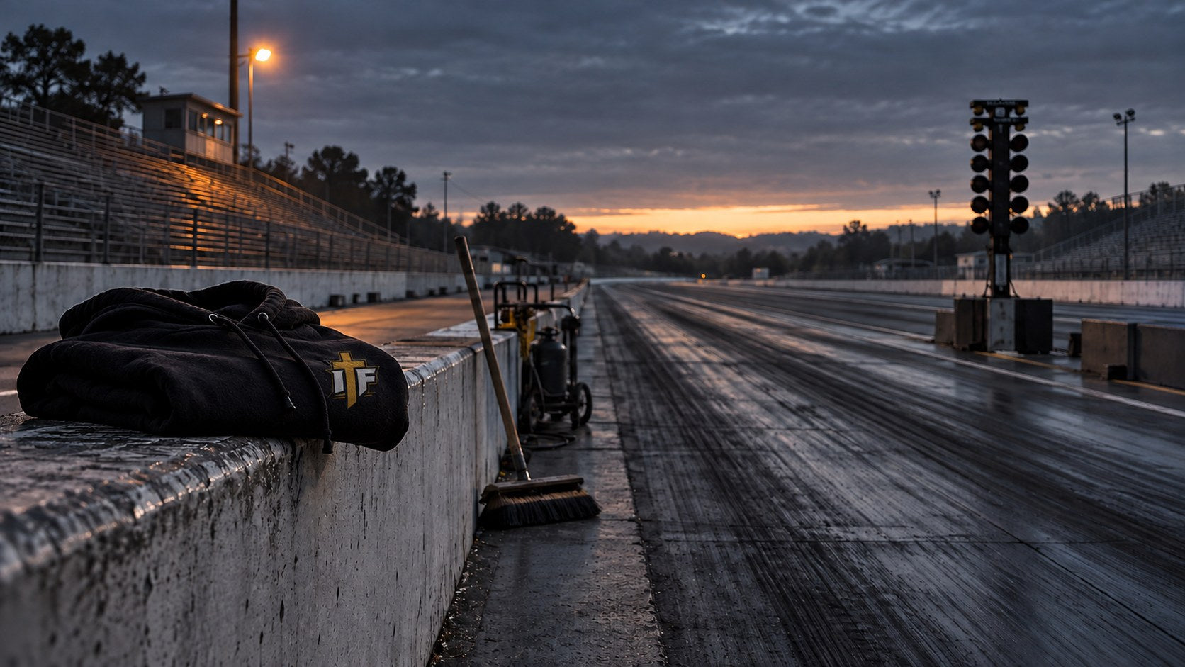 Quiet drag strip at dawn before the work begins