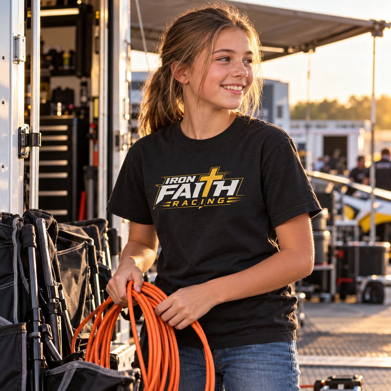 Iron Faith Racing logo tee worn while preparing pit equipment