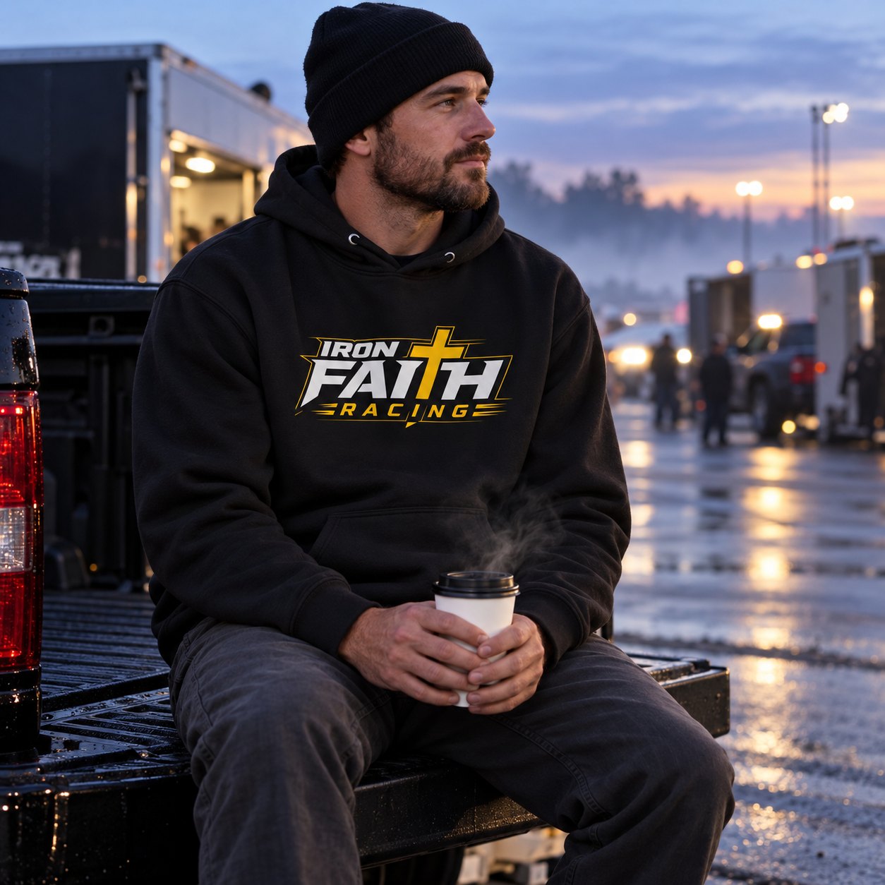 Iron Faith Racing hoodie worn during a trackside coffee break