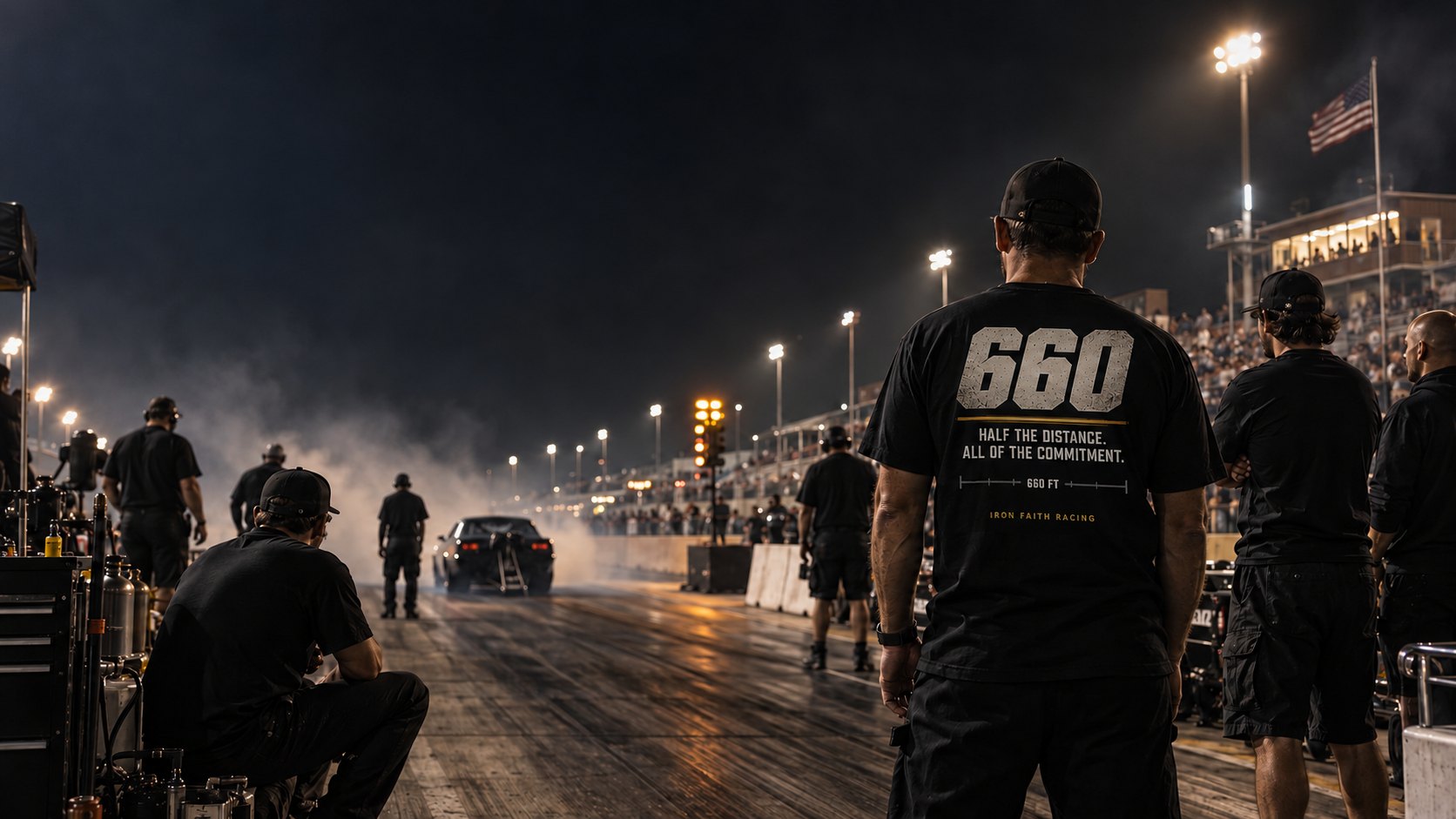 Clean 660 apparel at the drag strip under the lights