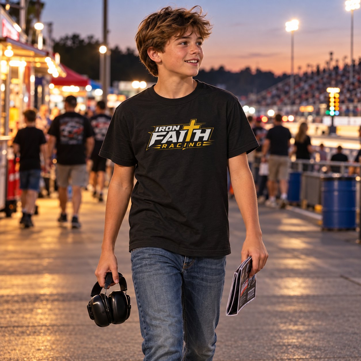 Young racing fan wearing an Iron Faith Racing youth tee
